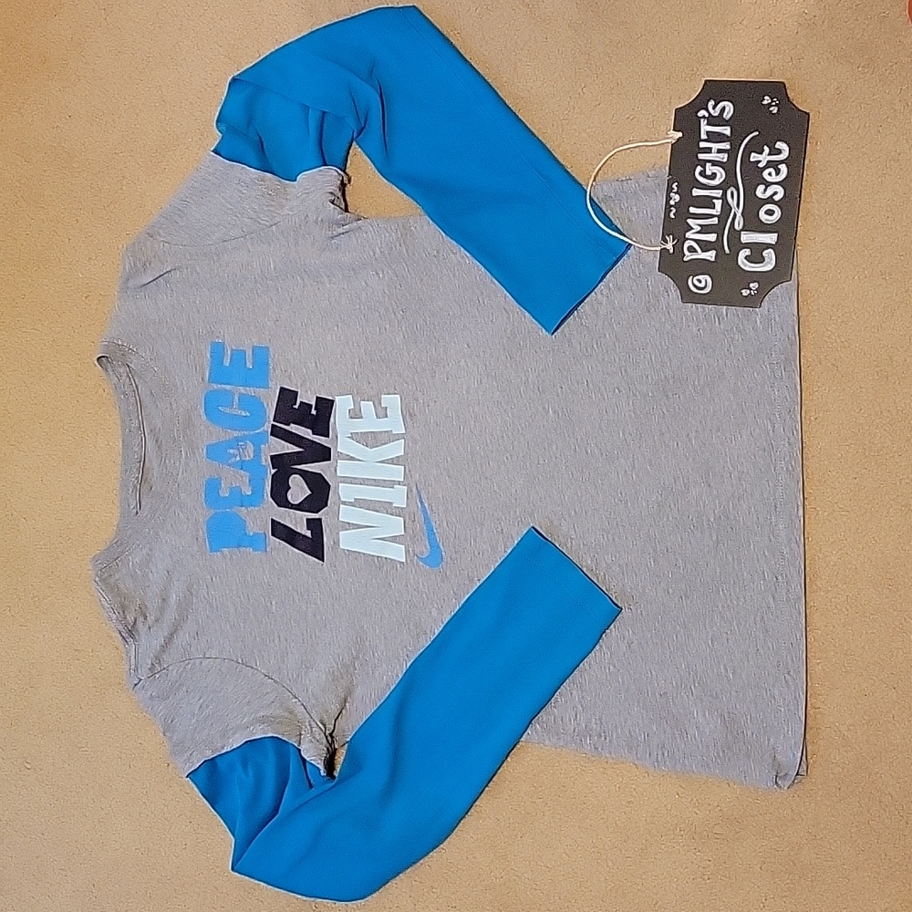 Peace Love Nike Graphic T-Shirt Long Sleeve Junior XL Gray Teal Blue Bla…